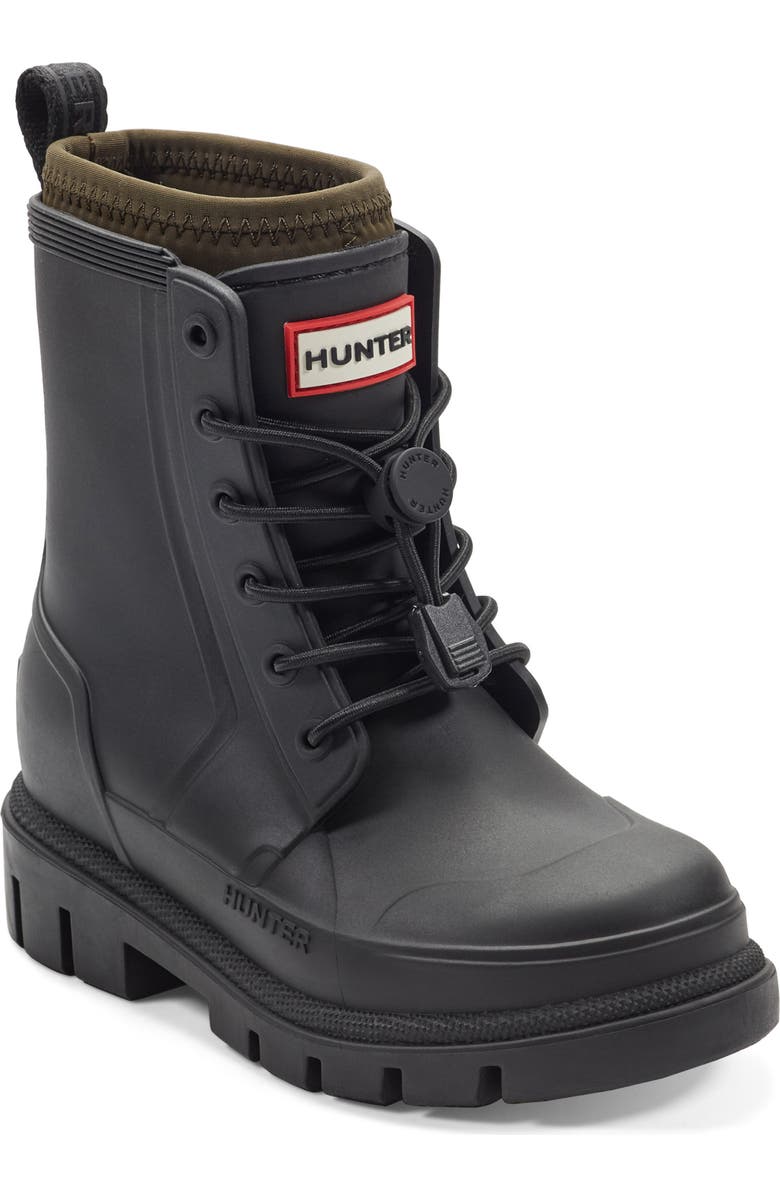 Hunter Kids' Stamp Waterproof Lace-Up Rain Boot, Main, color, Black 003