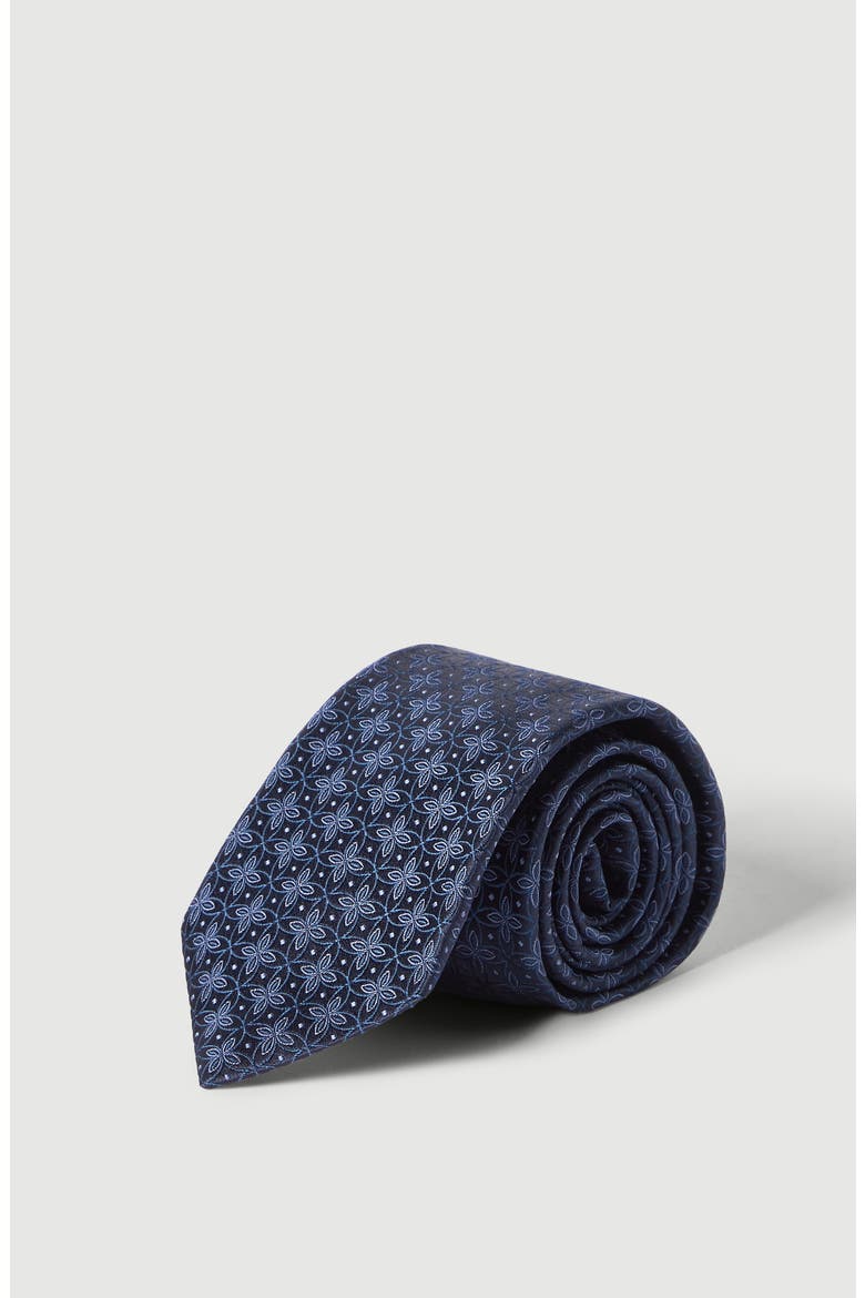 Silk tie with geometric floral pattern, Alternate, color, Navy Blue