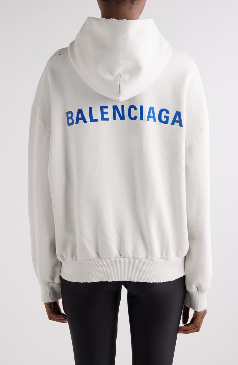 Balenciaga Logo Embroidered Distressed Dry Fleece Zip Hoodie, Alternate, color, 8016 Dirty Wht/ Sport Blue