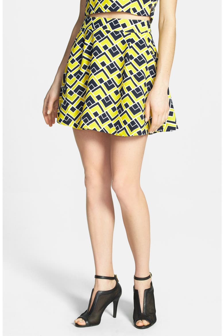 JOA Geometric Print Skater Skirt, Main, color, NAVY/ YELLOW