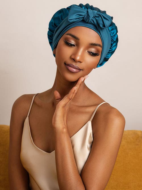 Silksilky Pure Silk Bowknot Tie Bonnet In Blue