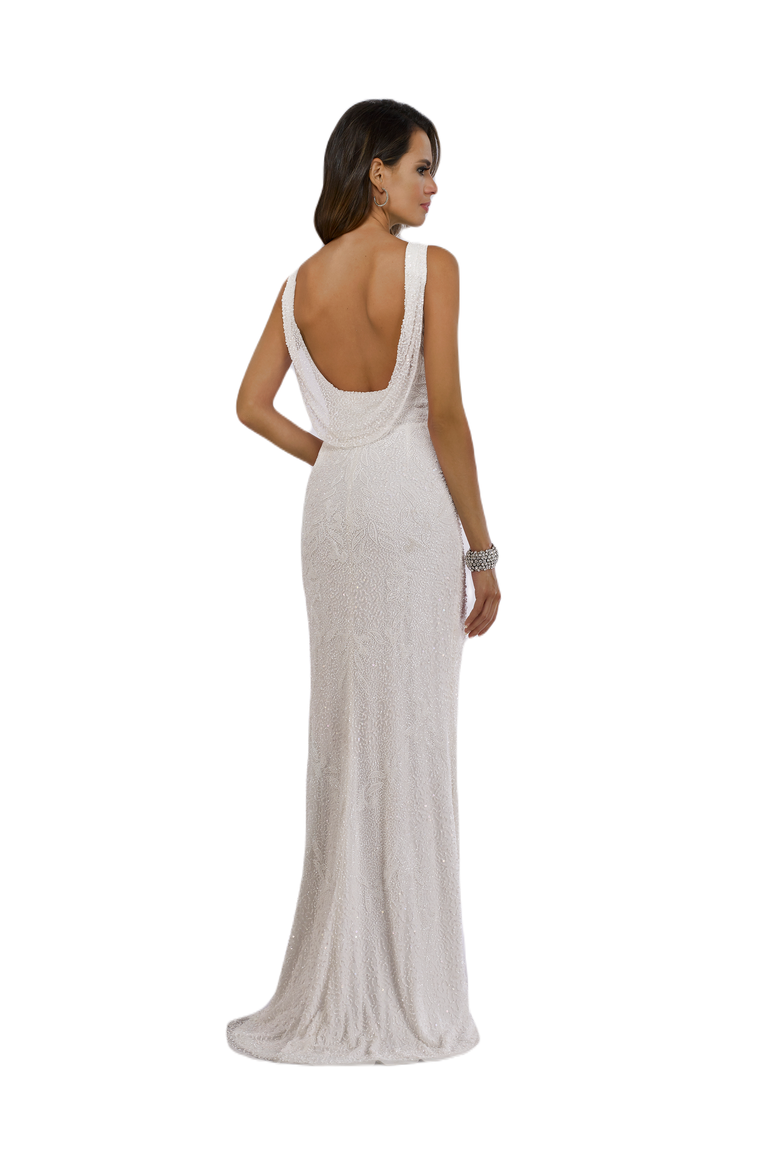 Erika Beaded Draped Cowl Back V-Neck Wedding Dress, Alternate, color, Ivory