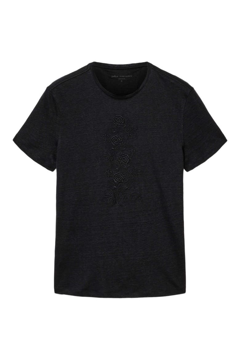 Rose Vine Embroidered Linen T-Shirt, Alternate, color, BLACK