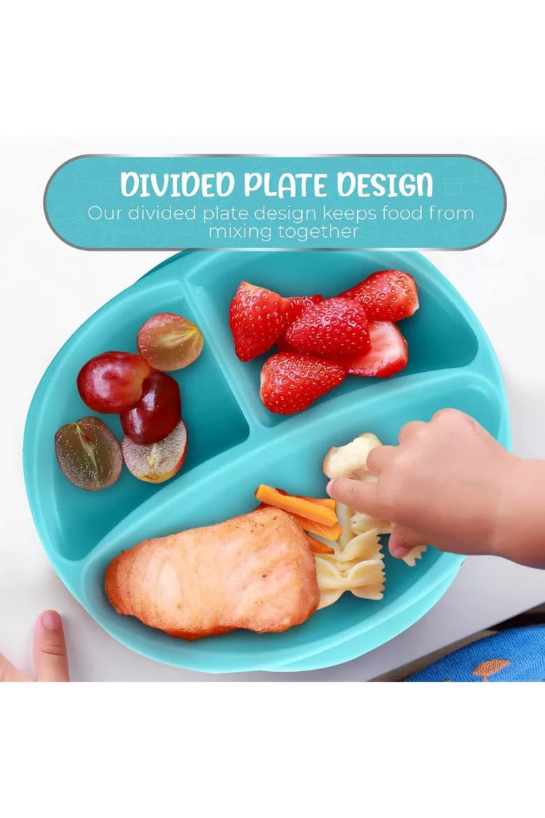 Silicone Suction Divided Plate and Spoon Toddler Training Self Feeding Set, Alternate, color, Blue