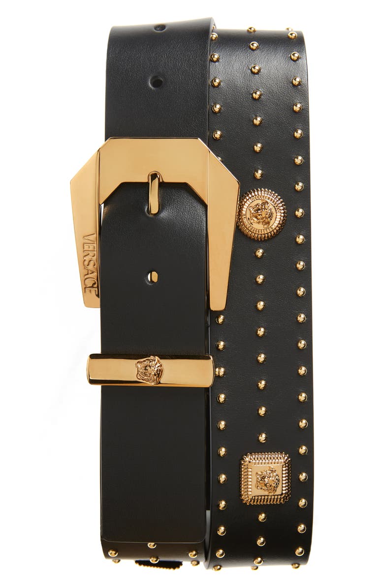Versace Studded Biggie Coin Belt, Main, color, Black-Versace Gold