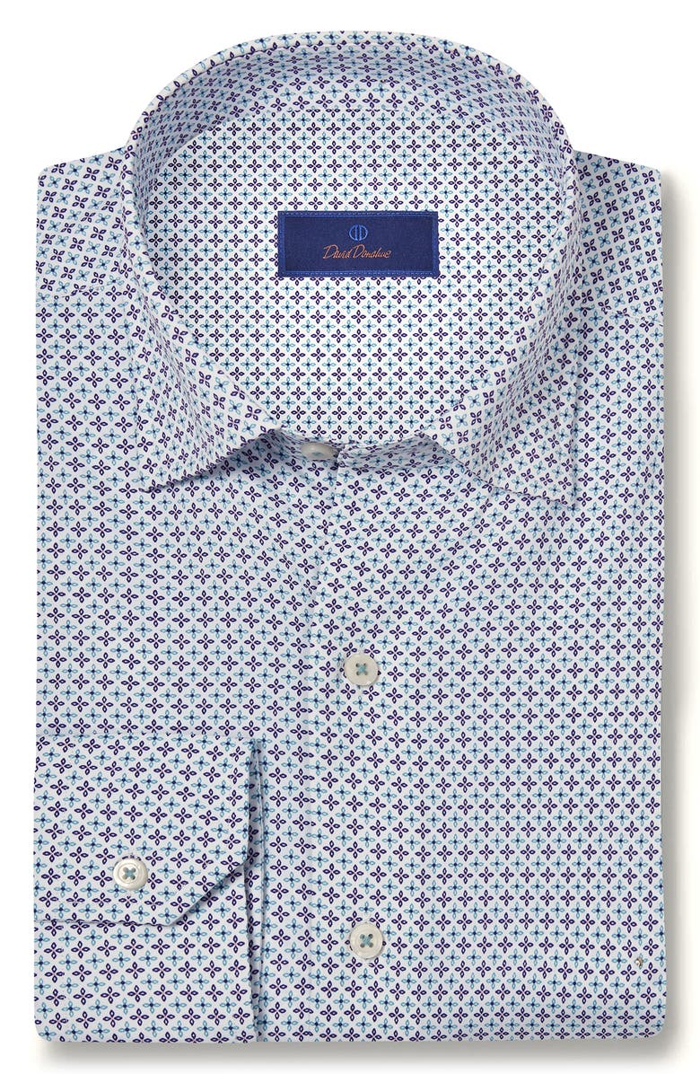 David Donahue Medallion Print Performance Sport Shirt, Main, color, White/ Navy