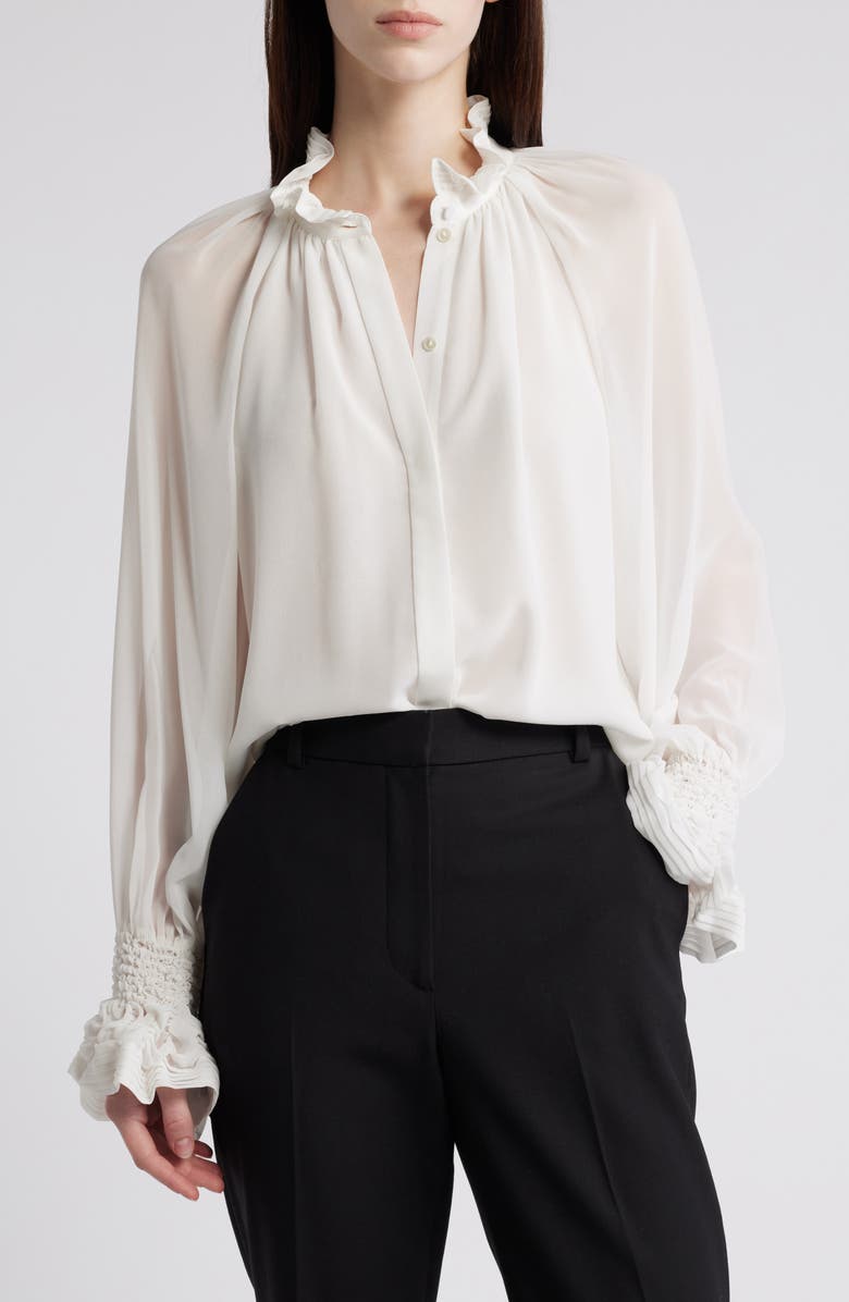 KOBI HALPERIN Effie Shirred Ruffle Neck Chiffon Top, Main, color, Ivory