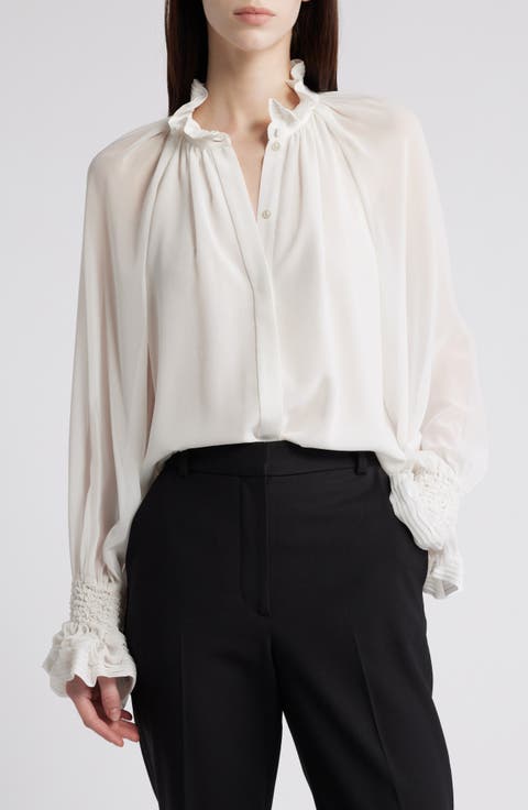 Effie Shirred Ruffle Neck Chiffon Top
