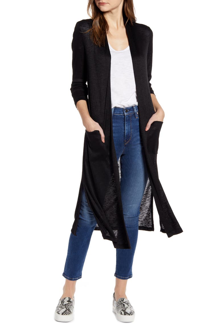 Ribbed Knit Long Cardigan, Main, color, BLACK