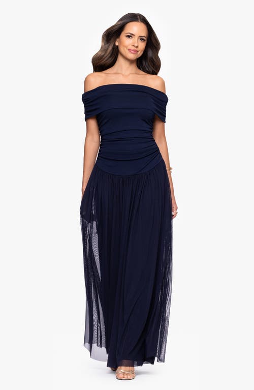 Betsy & Adam Mixed Media Off The Shoulder Gown In Blue