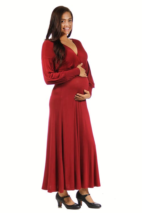 24seven Comfort Apparel V-neck Long Sleeve Maternity Maxi Dress In Brown