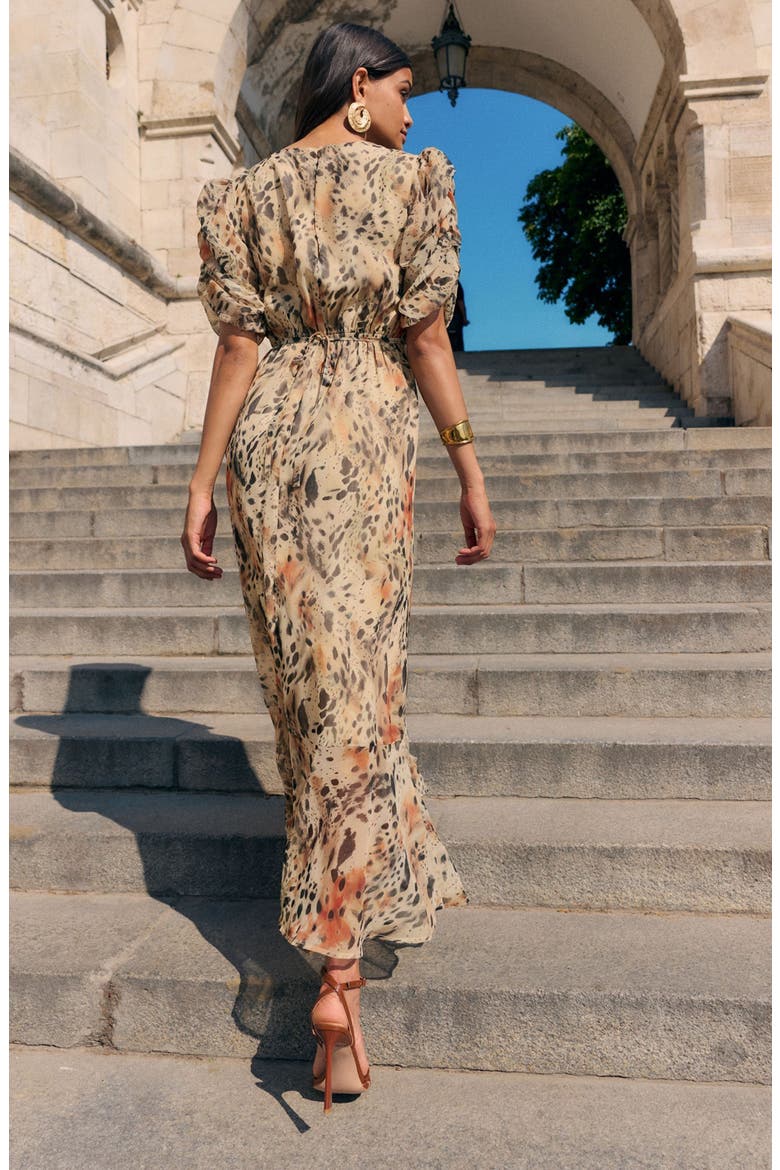 Ruched Puff Sleeve Chiffon Maxi Dress, Alternate, color, BROWN