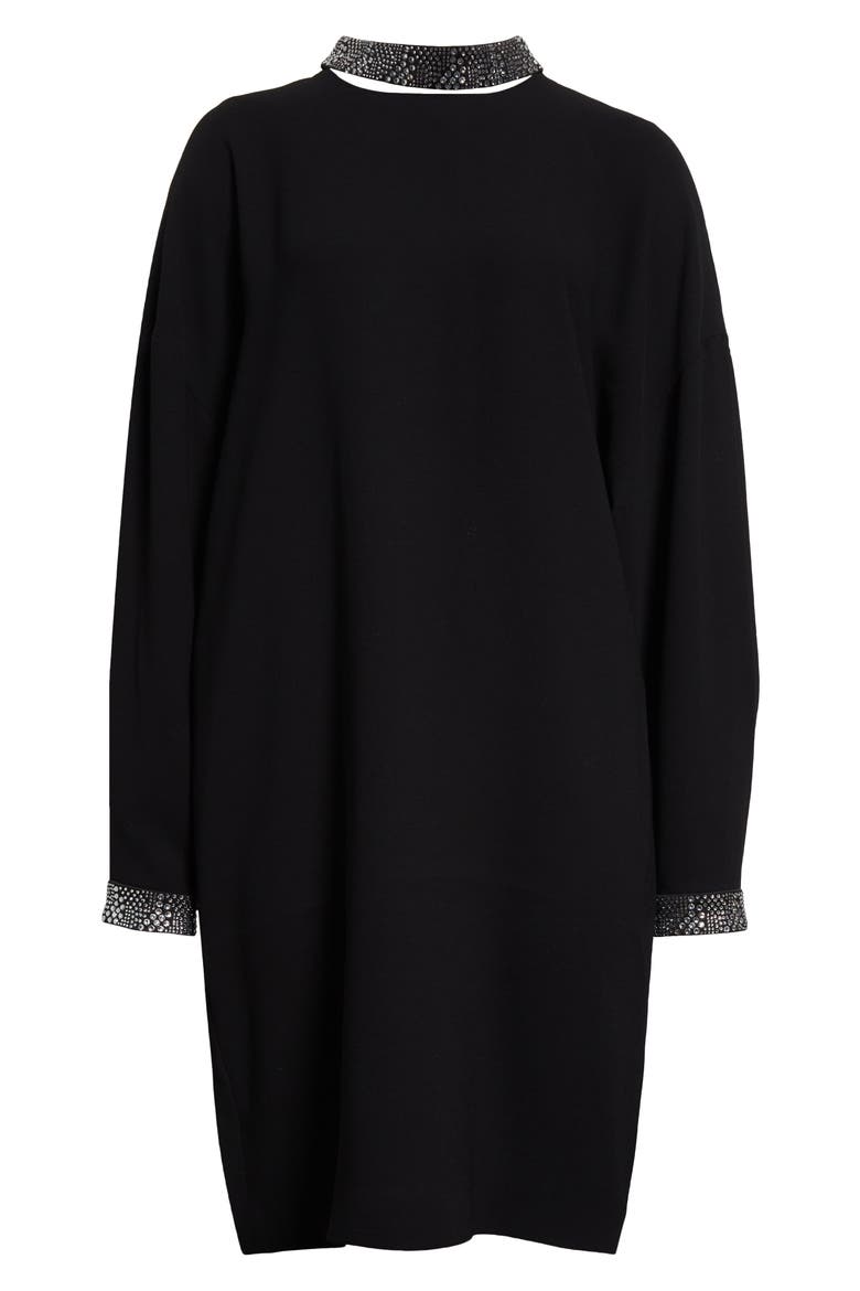 Satin Trim Long Sleeve Dress, Alternate, color, BLACK