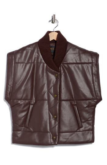 Truth Faux Leather Cap Sleeve Quilted Vest In Brown