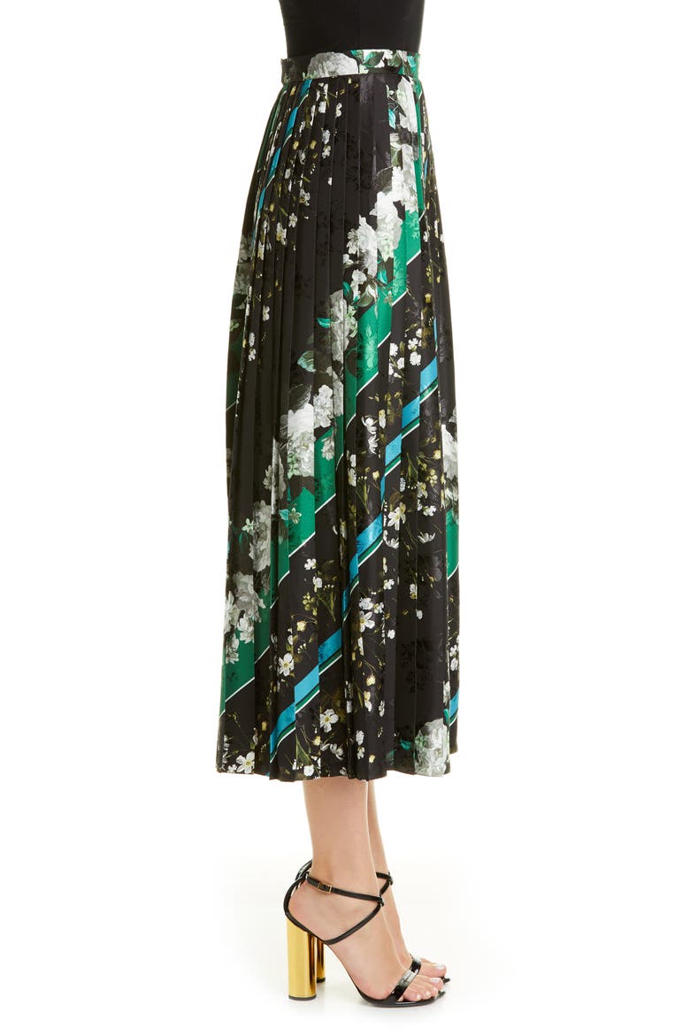Floral Stripe Pleated Midi Skirt, Alternate, color, BLACK / WHITE