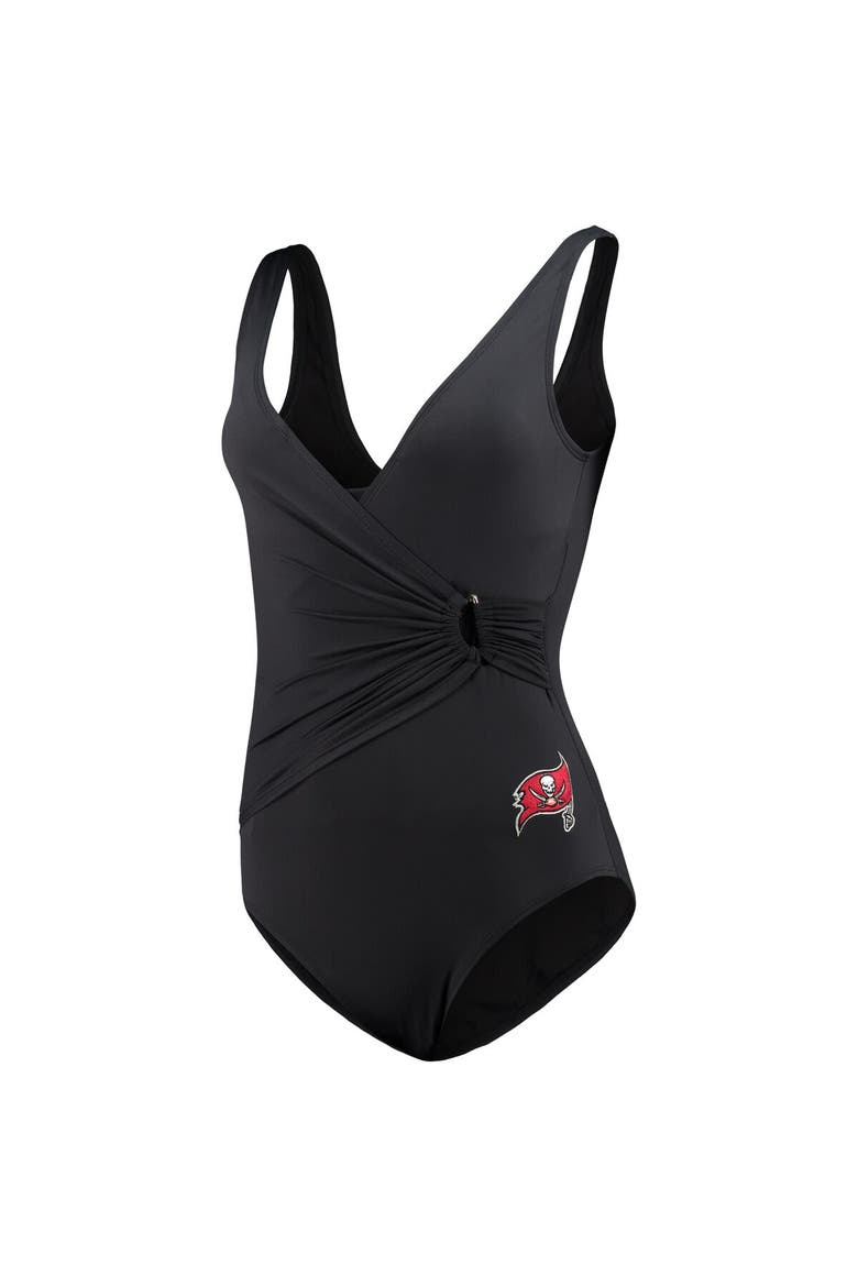 Women's Tommy Bahama Black Tampa Bay Buccaneers Pearl Clara Wrap One-Piece Swimsuit, Alternate, color, Black