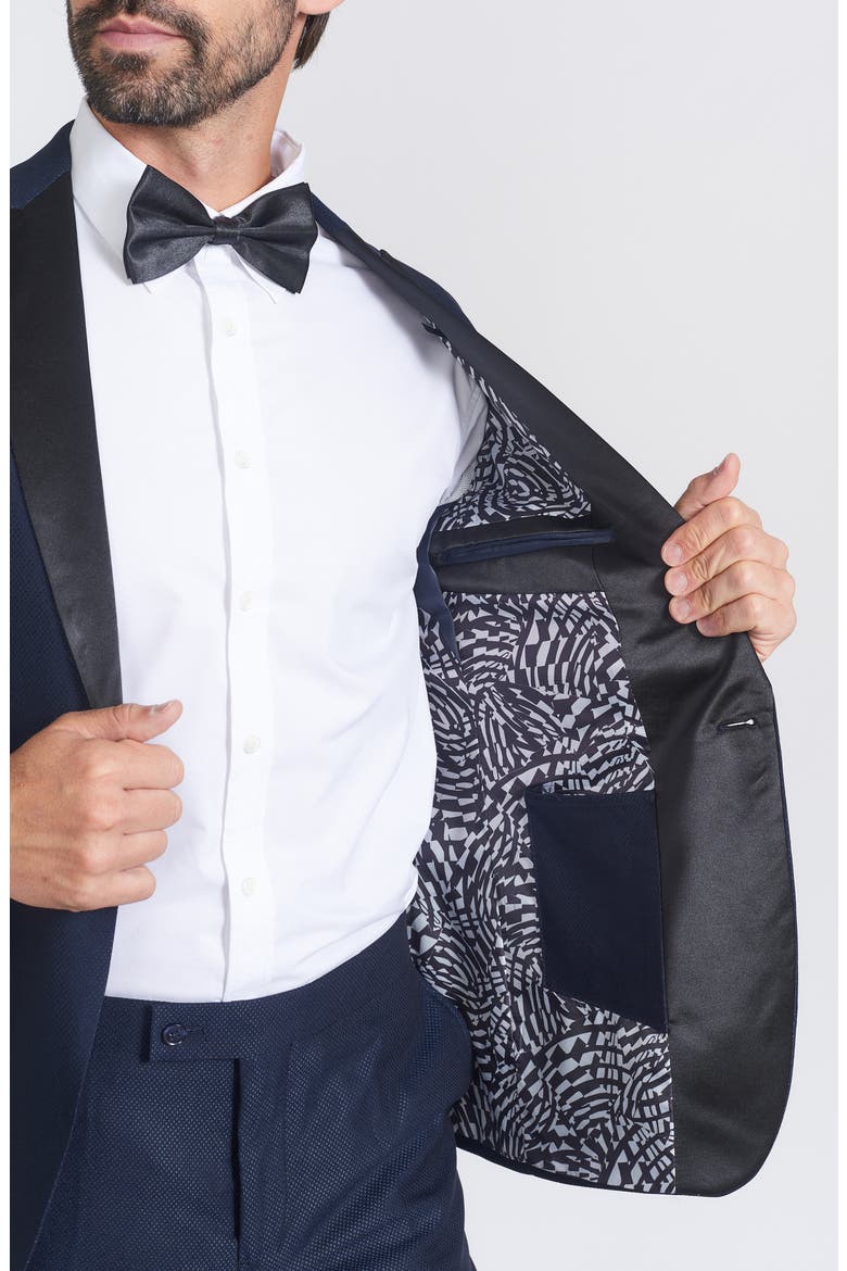 Slim Fit Navy Check Satin Lapel Tuxedo Suit, Alternate, color, NAVY