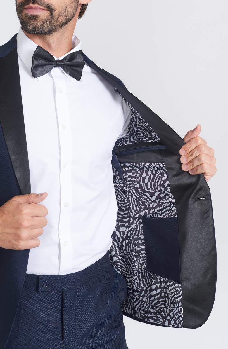 Slim Fit Navy Check Satin Lapel Tuxedo Suit