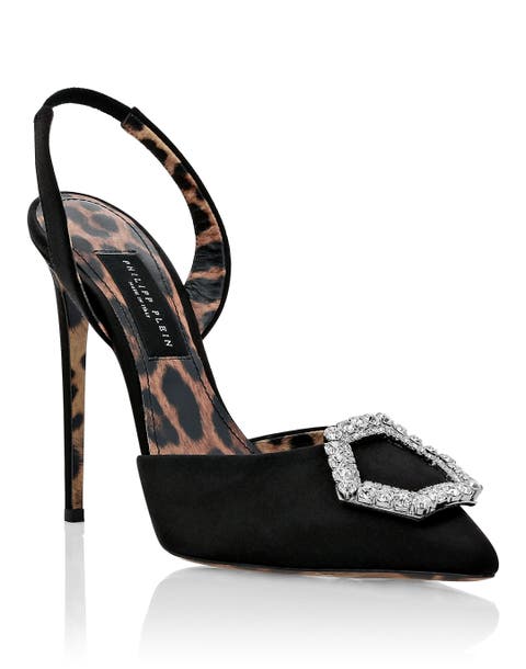 Satin Decollete Slingback Hi-Heels Crystal Hexagon Women