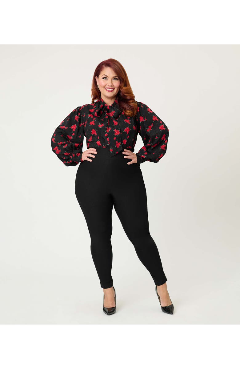 Unique Vintage Plus Size Long Sleeve Neck Tie Gwen Blouse, Main, color, Black & Red Rose Print