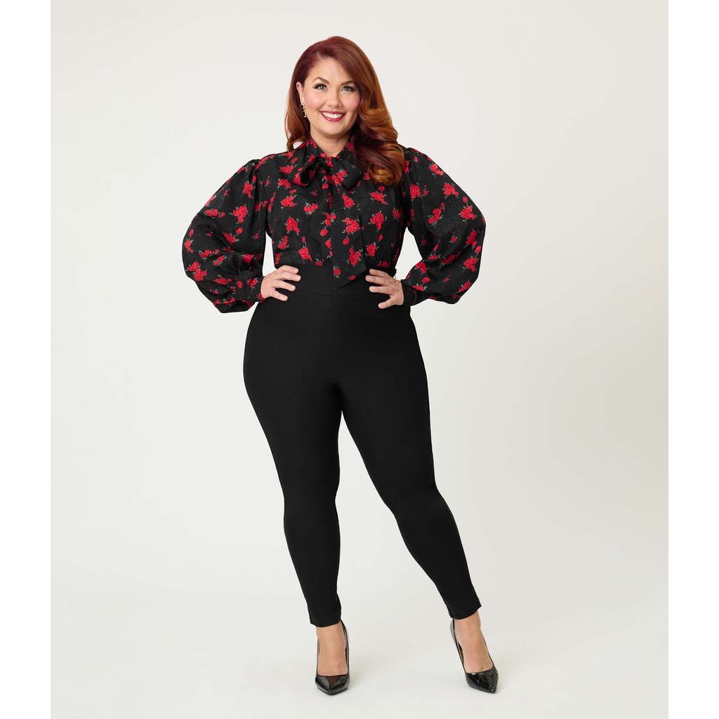 Unique Vintage Plus Size Long Sleeve Neck Tie Gwen Blouse In Black