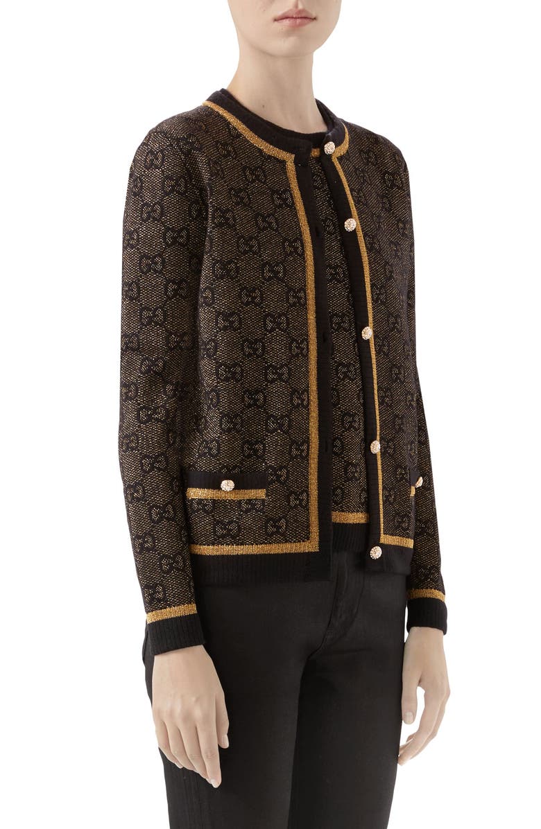 Gucci GG Logo Metallic Jacquard Cardigan, Alternate, color, 