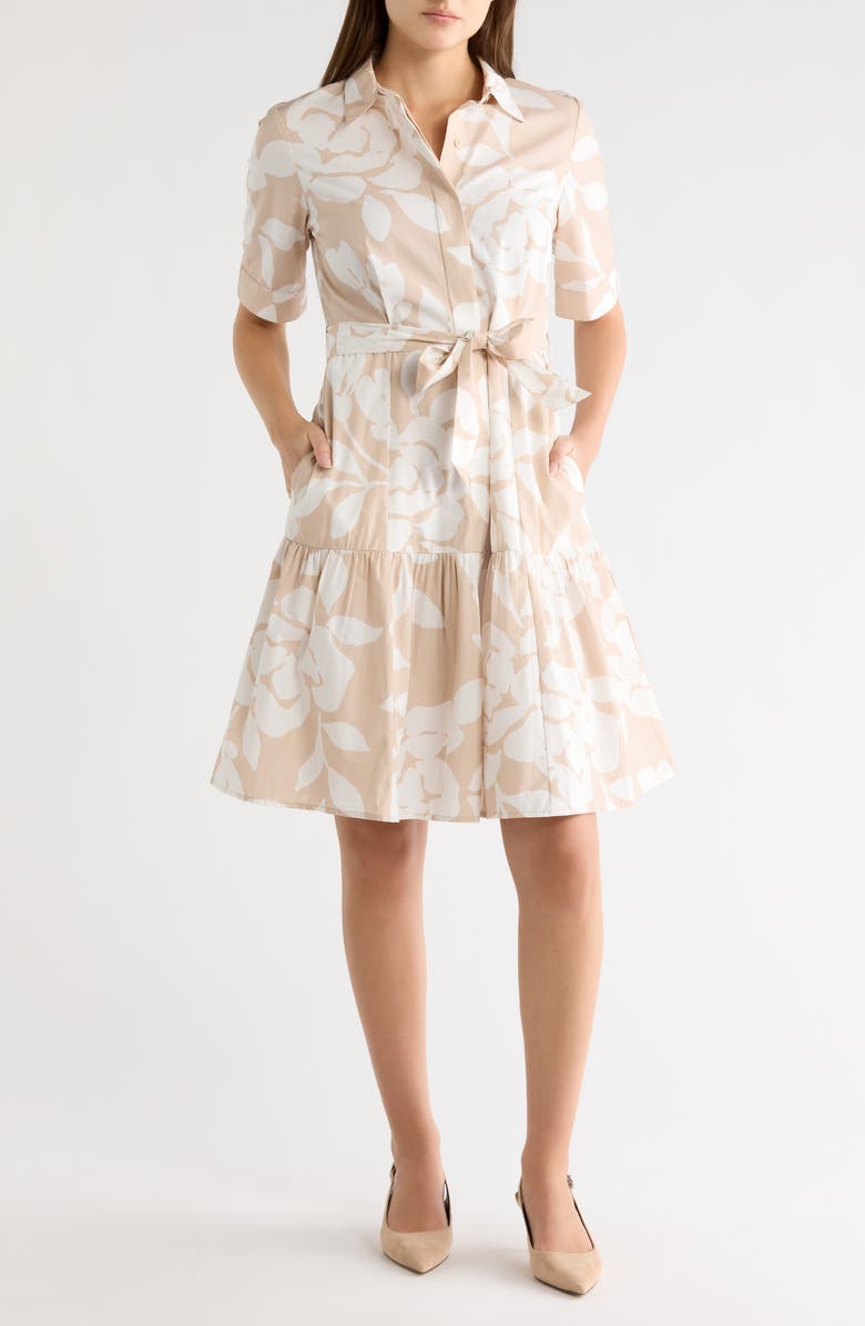 Calvin Klein Floral Short Sleeve Cotton Shirtdress, Main, color, Cashew/ Cream