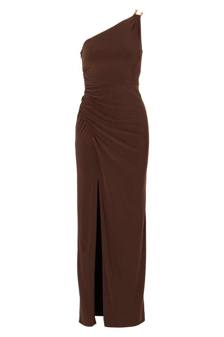 One-Shoulder Chain Strap Jersey Column Gown, Alternate, color, CHOCOLATE