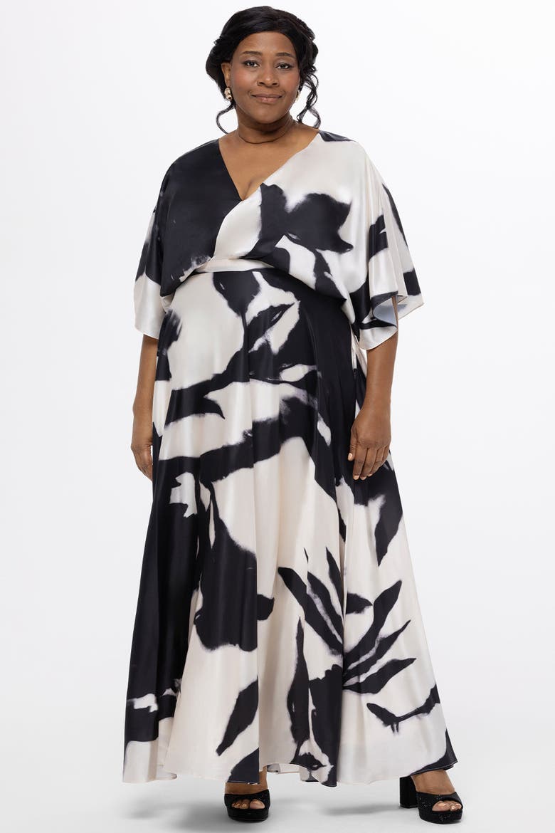 V-Neck Satin Print Plus Size Maxi Gown, Main, color, Cream/Black