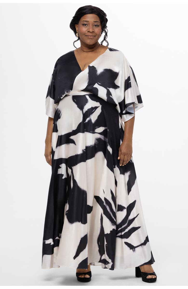 Celebrations by Sydney's Closet V-Neck Satin Print Plus Size Maxi Gown, Main, color, Cream/Black