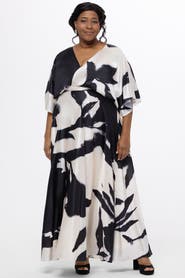 Celebrations by Sydney's Closet V-Neck Satin Print Plus Size Maxi Gown