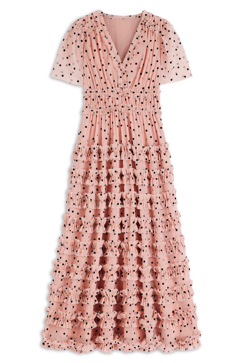 V-Neck Ruffle Tulle Dress, Alternate, color, IVORY BLACK SPOT