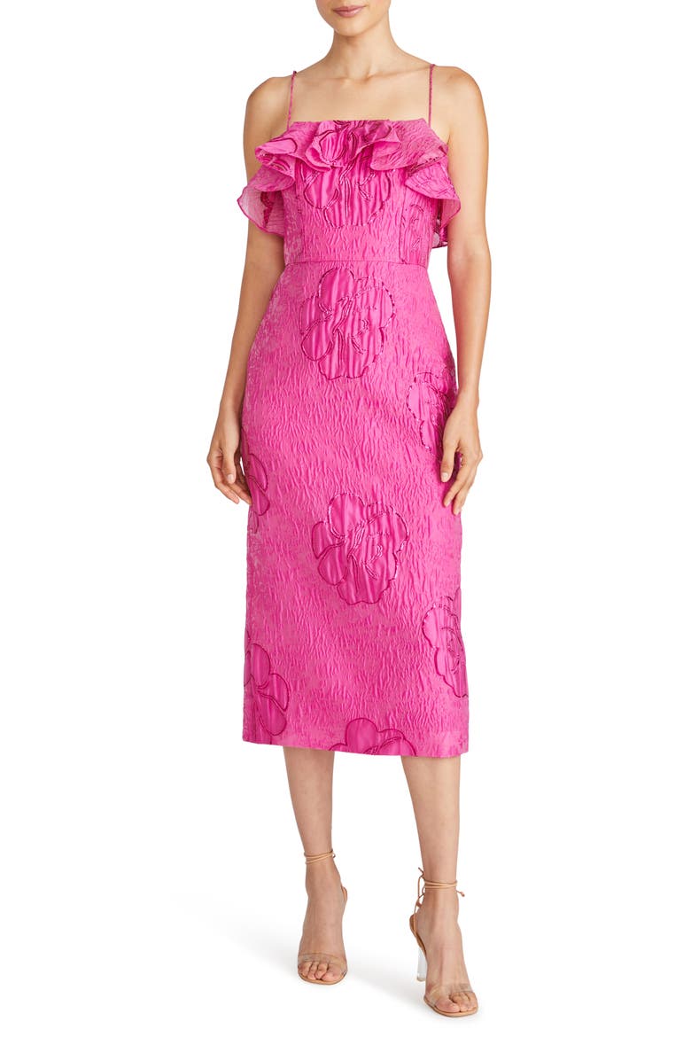 Cynthia Metallic Floral Jacquard Cocktail Midi Dress, Main, color, BRIGHT PINK