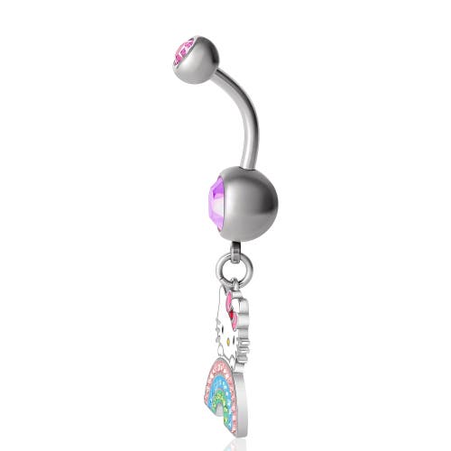 Hello Kitty 14g Stainless Steel Rainbow Crystal Dangle Belly Button Ring In Multi