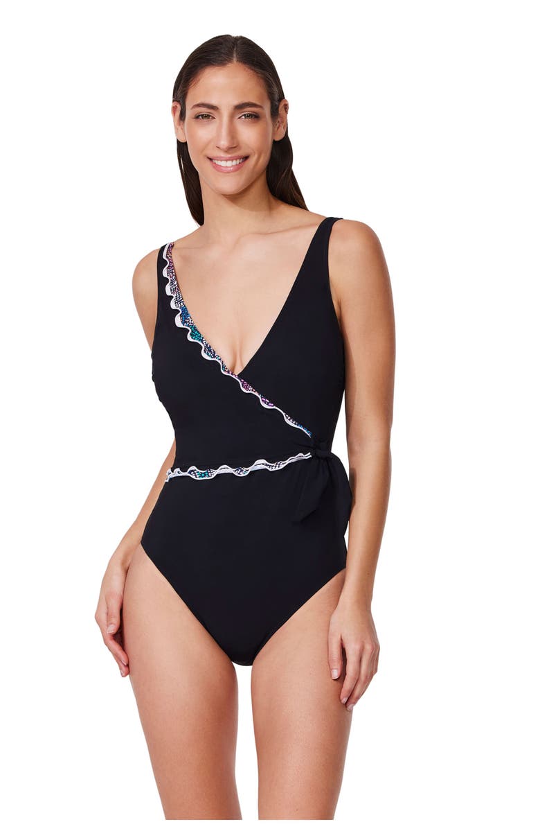 Profile by Gottex Layla Tricolore V-Neck Surplice One Piece, Alternate, color, Black