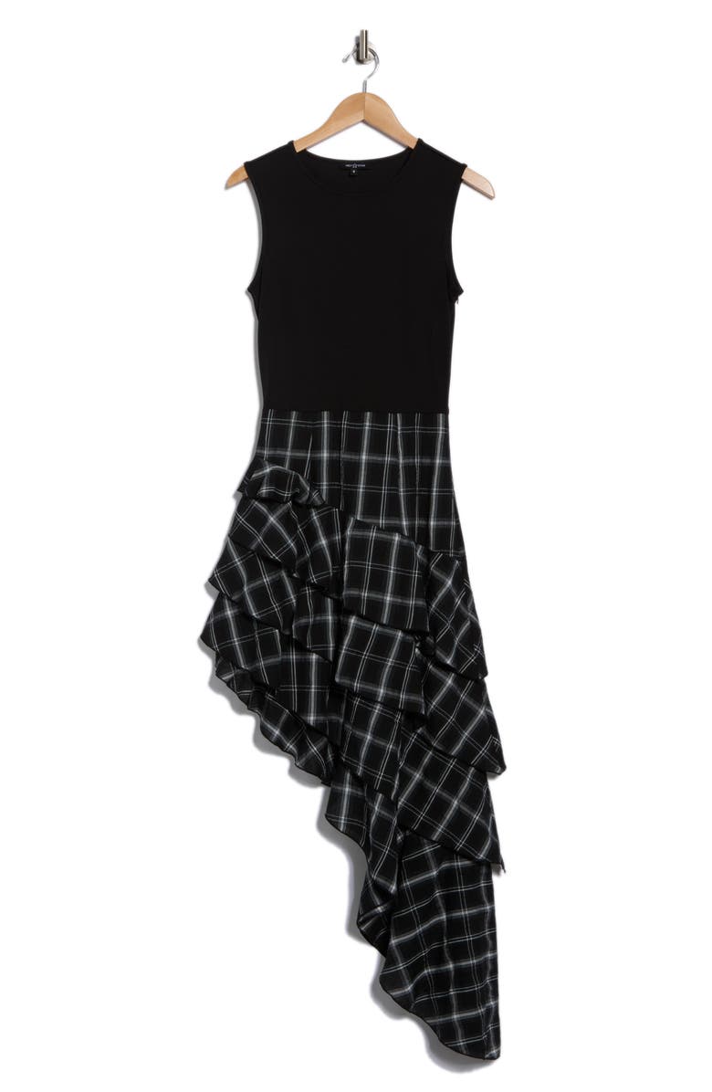 AREA STARS Asymmetrical Plaid Mixed Media Dress, Alternate, color, Black