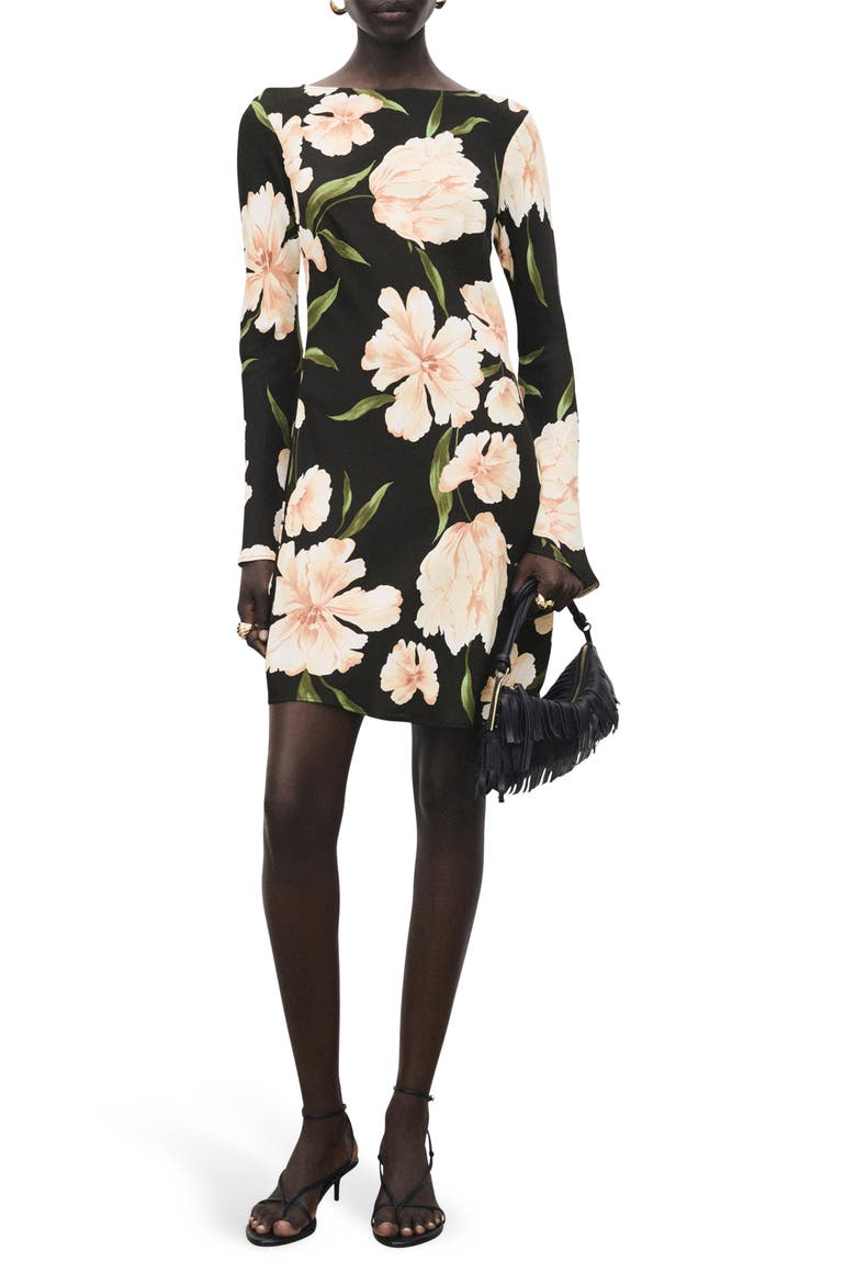 Floral Long Sleeve Minidress, Main, color, BLACK