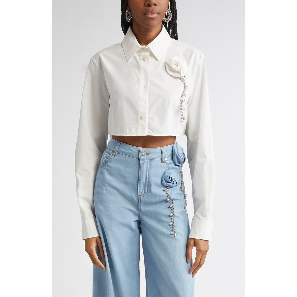 Area Crystal Rosette Crop Poplin Button-up Shirt In Off White
