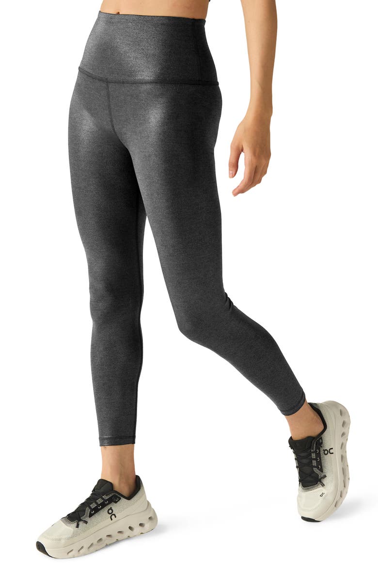 Beyond Yoga High Waist Rib Midi Leggings, Alternate, color, Black Foil