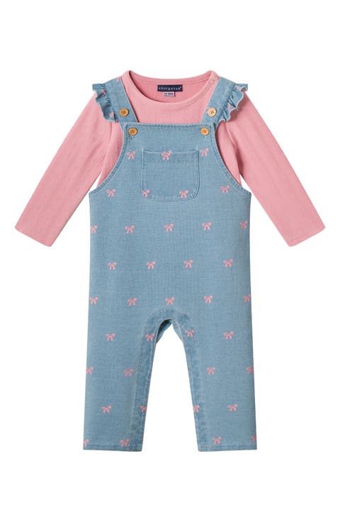 Kids' Bow Print Knit Denim Overalls & Tee Set