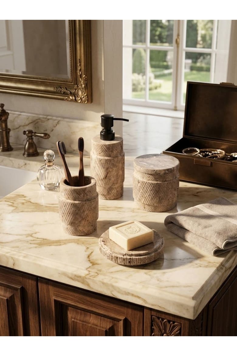 Tallinn Gray Travertine Bath Accessories, Set of 4, Alternate, color, Brown