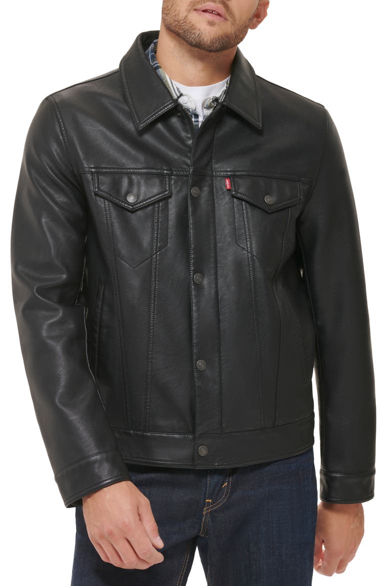 Faux Leather Trucker Jacket, Main, color, BLACK