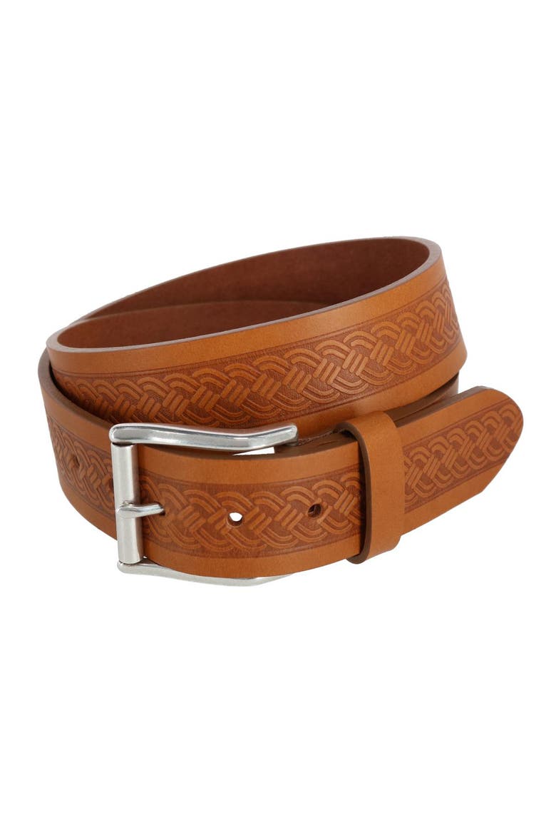 Grady 40mm Celtic Scroll Embossed Leather Jean Belt, Main, color, Tan