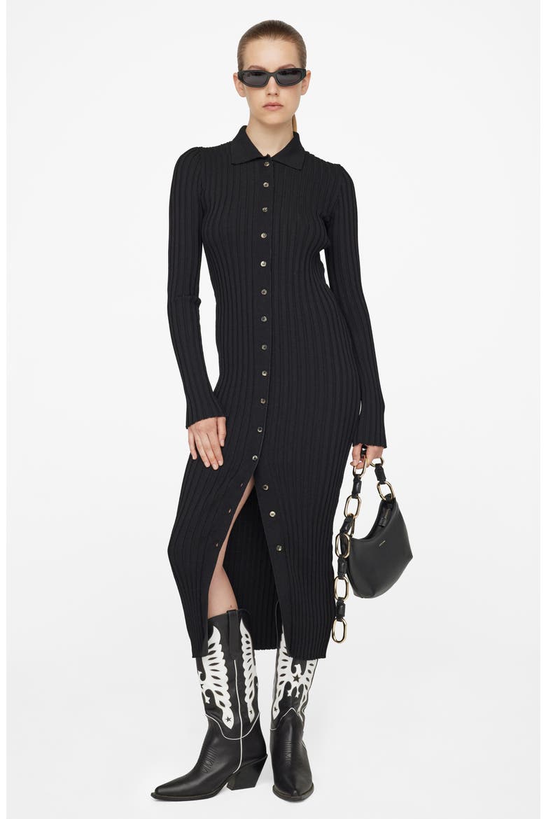Joslyn Ribbed Button-Up Midi Dress, Alternate, color, BLACK