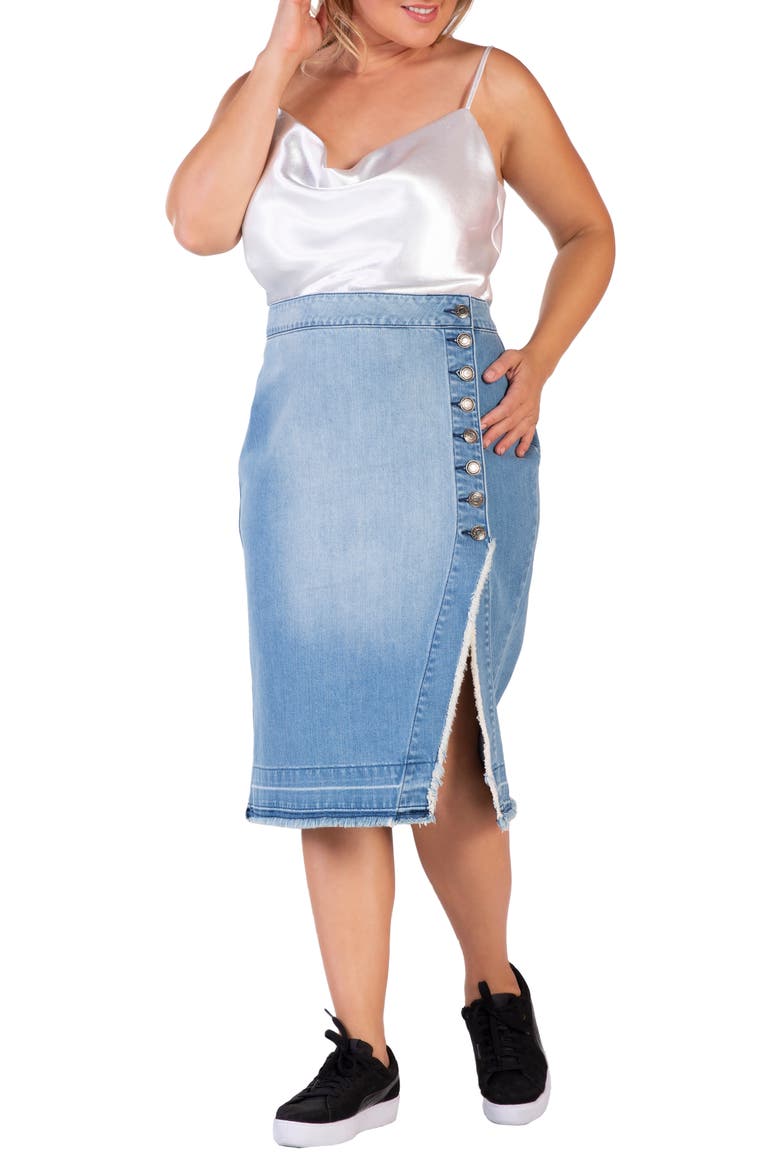 Frayed Slit Hem Denim Skirt, Alternate, color, SUBLIME BLUE