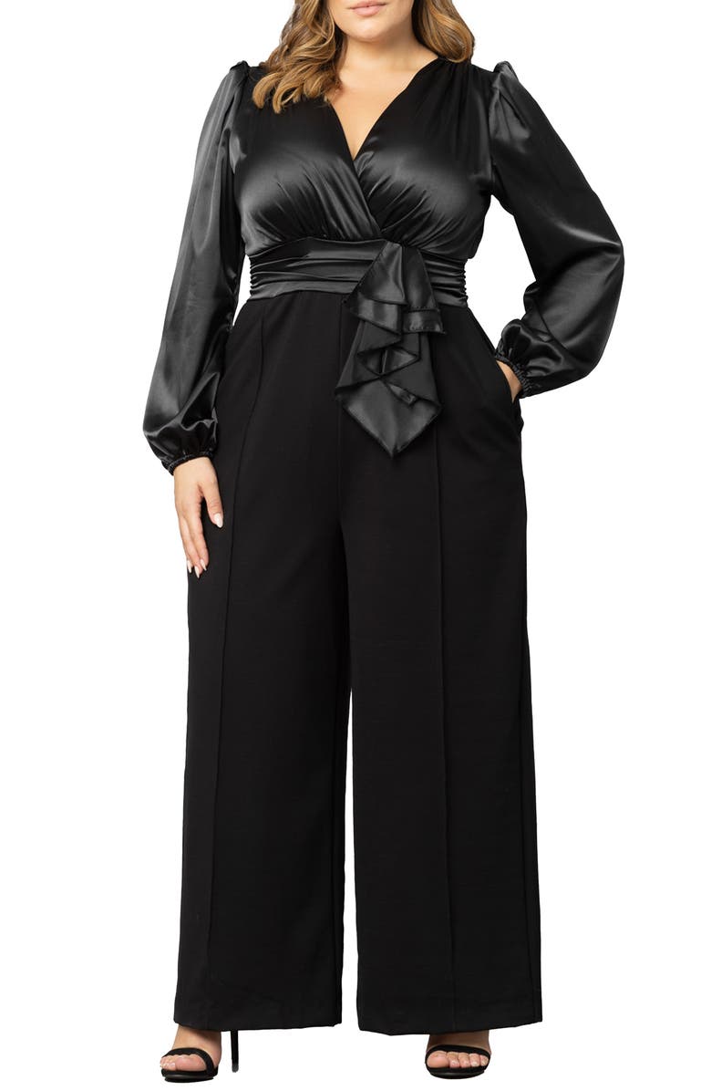 Kiyonna Refined Puff Shoulder Long Sleeve Wide Leg Jumpsuit, Main, color, 