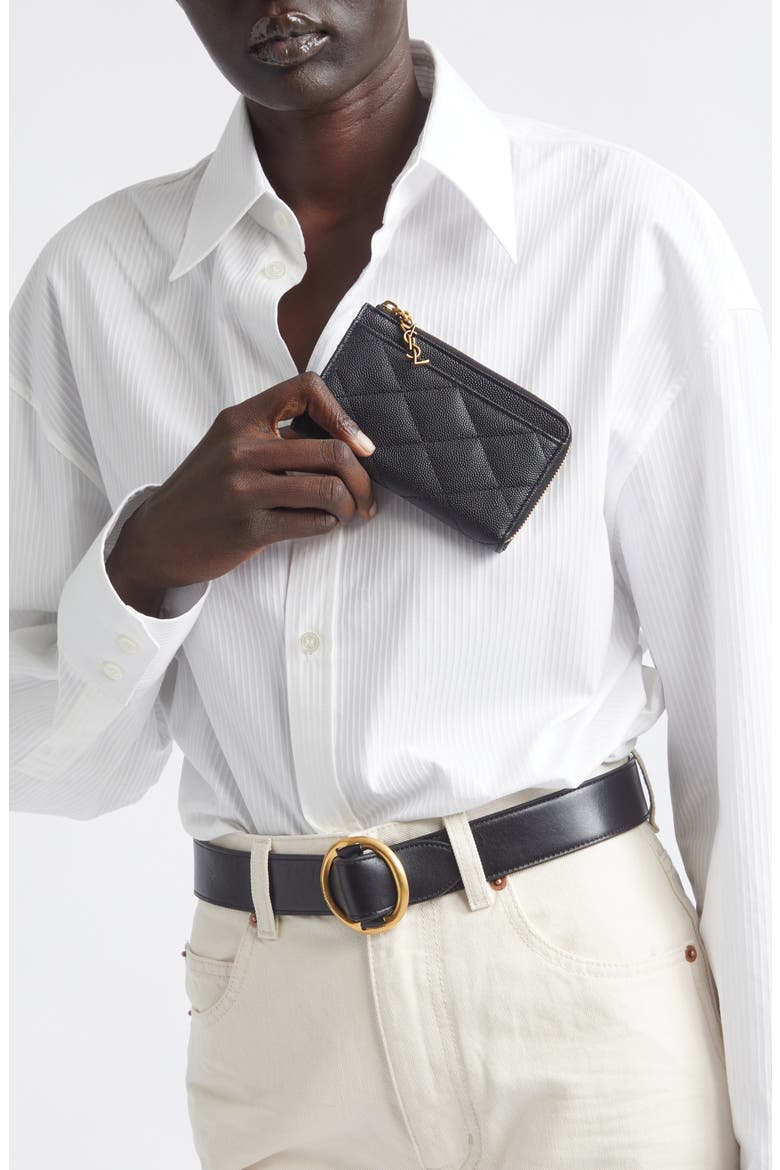 Cassandre Bijou Matelassé Grain de Poudre Leather Zip Card Case, Alternate, color, BLACK