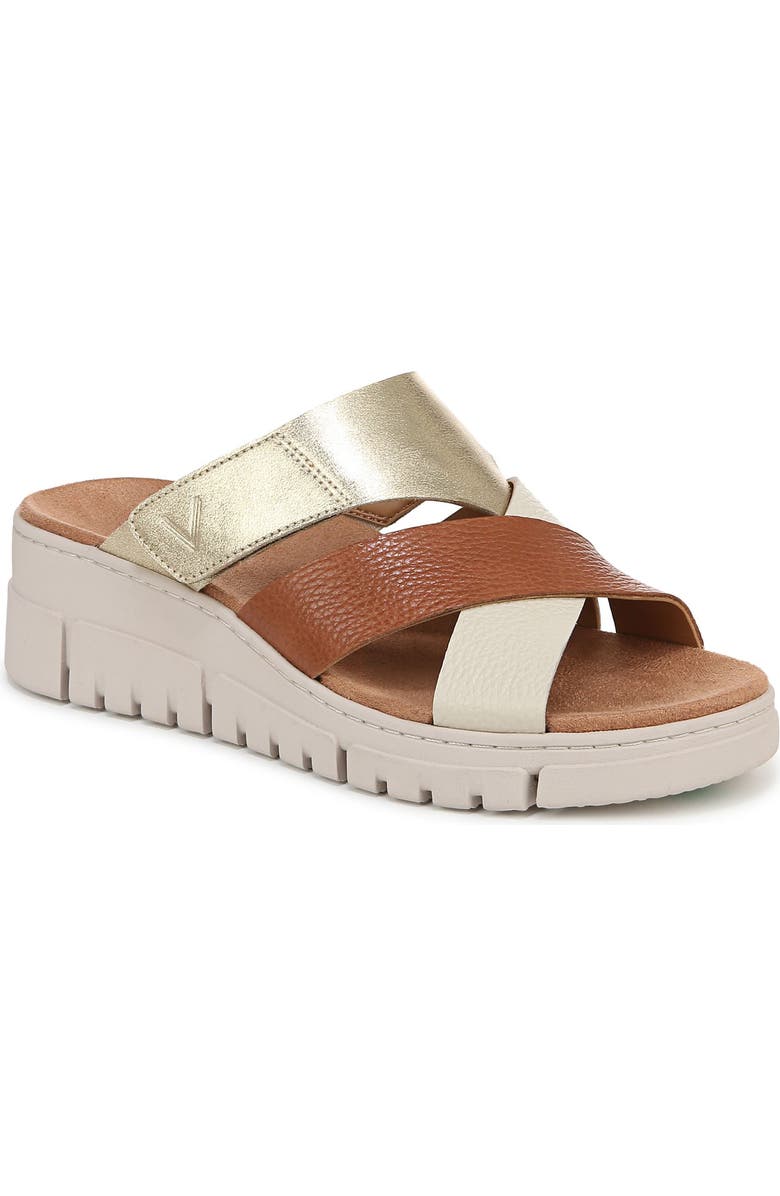 Vionic Uptown Sunset Platform Wedge Slide Sandal, Main, color, Tan/Gold Met Leather