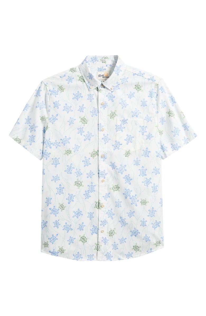 Reyn Spooner Honu Holoholo Turtle Print Short Sleeve Cotton Blend Button-Down Shirt, Main, color, White