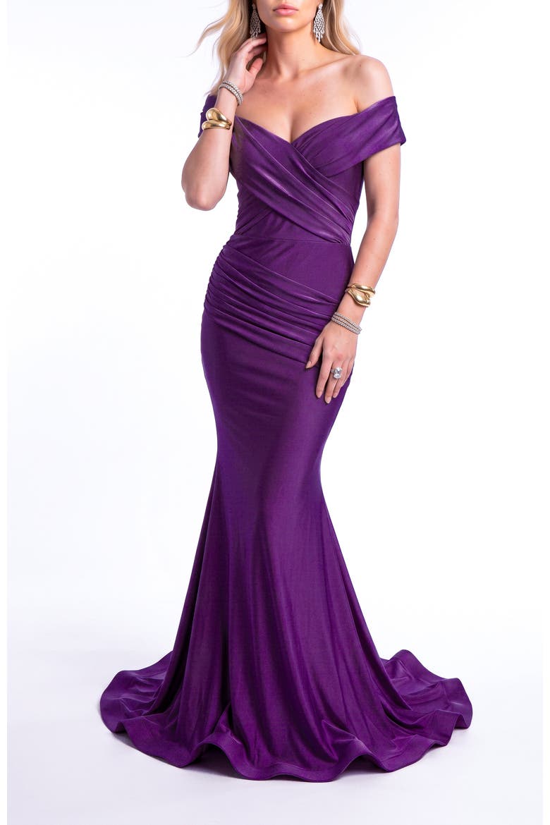 Off The Shoulder Ruched Mermaid Evening Gown, Alternate, color, Grape